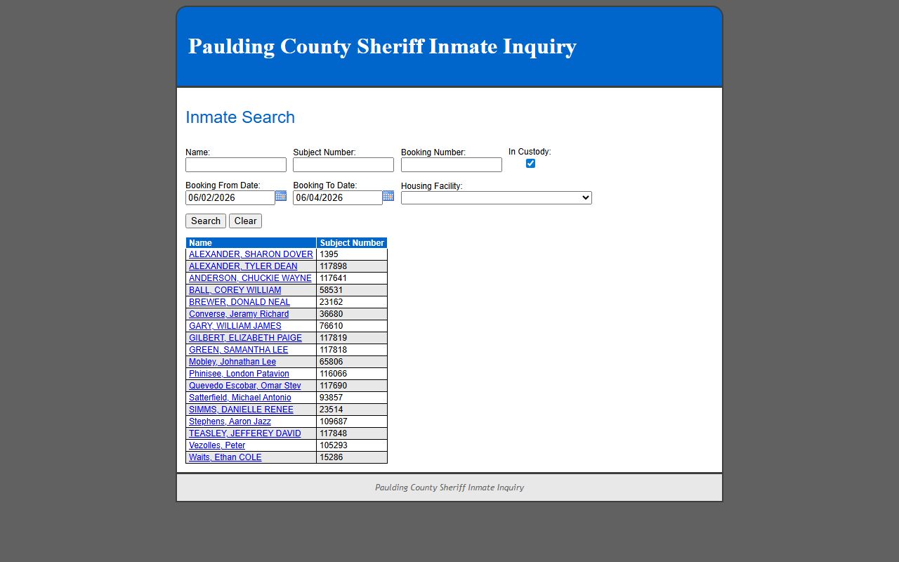 Paulding County inmate records search form with name, subject number, booking number, date, custody, and facility filters